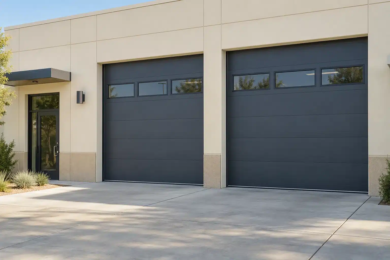 Two charcoal sectional overhead doors with upper windows on a cream commercial building.