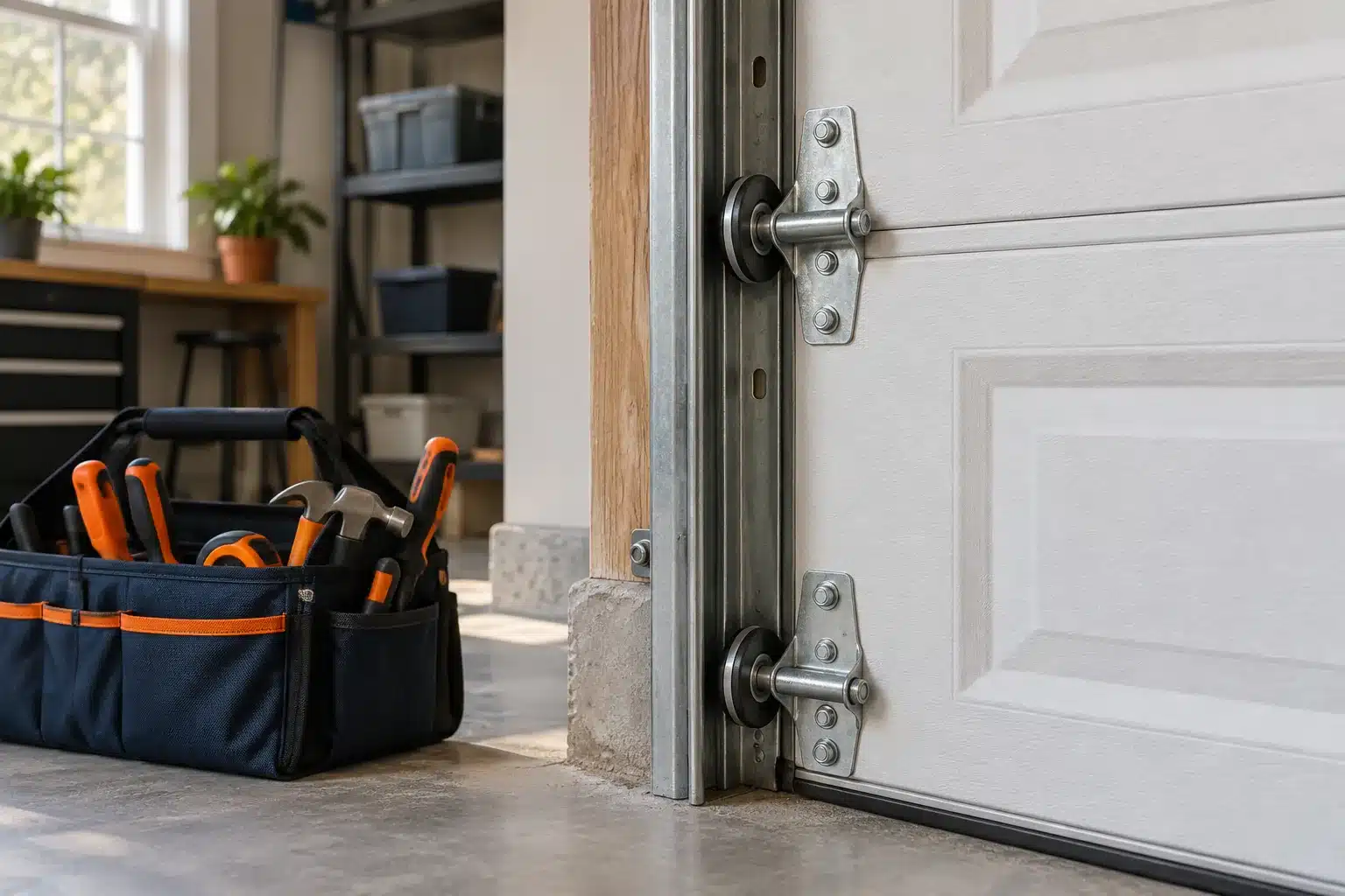 Illustrative close-up of garage door rollers and a steel track beside a tool bag.