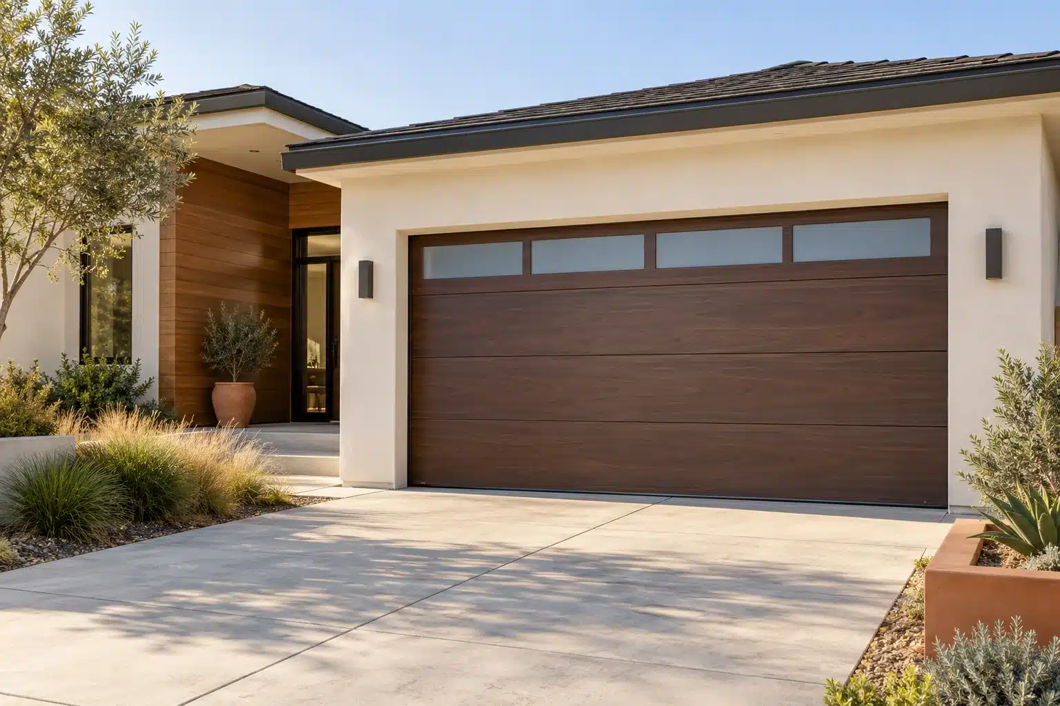 Wood-look sectional garage door with frosted upper windows on a contemporary cream home.