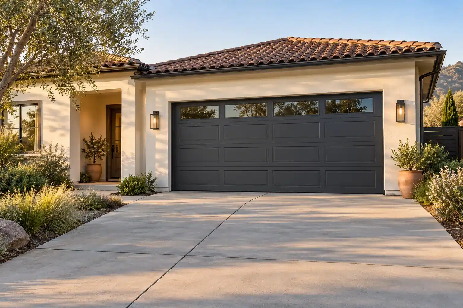 Charcoal sectional garage door with upper windows on a cream stucco home.