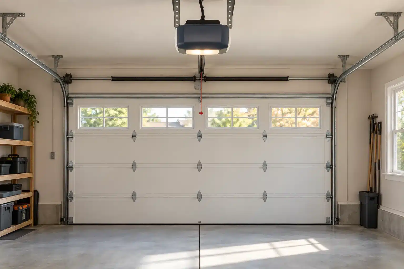Garage Door Openers — original website illustration Illustrative ceiling-mounted garage door opener above a closed sectional door.