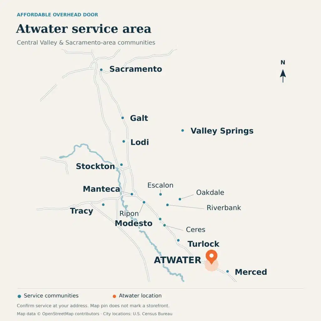Service-area map showing Atwater highlighted among Affordable Overhead Door service communities from Sacramento to Merced.