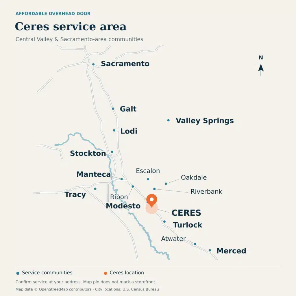 Service-area map showing Ceres highlighted among Affordable Overhead Door service communities from Sacramento to Merced.