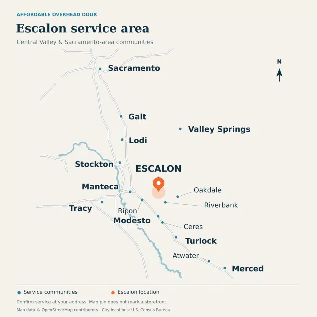 Service-area map showing Escalon highlighted among Affordable Overhead Door service communities from Sacramento to Merced.