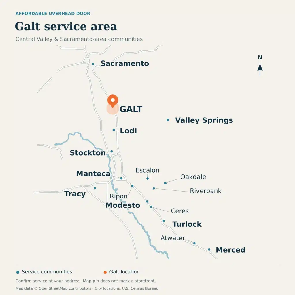 Service-area map showing Galt highlighted among Affordable Overhead Door service communities from Sacramento to Merced.