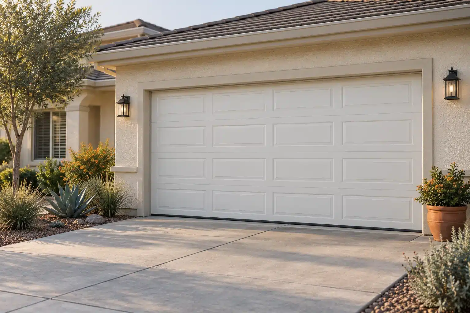 Garage door maintenance illustration Closed white sectional garage door with a clean bottom seal on a cream stucco home.
