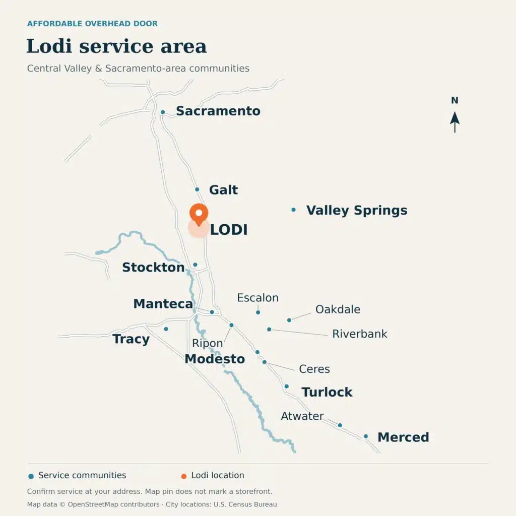 Service-area map showing Lodi highlighted among Affordable Overhead Door service communities from Sacramento to Merced.