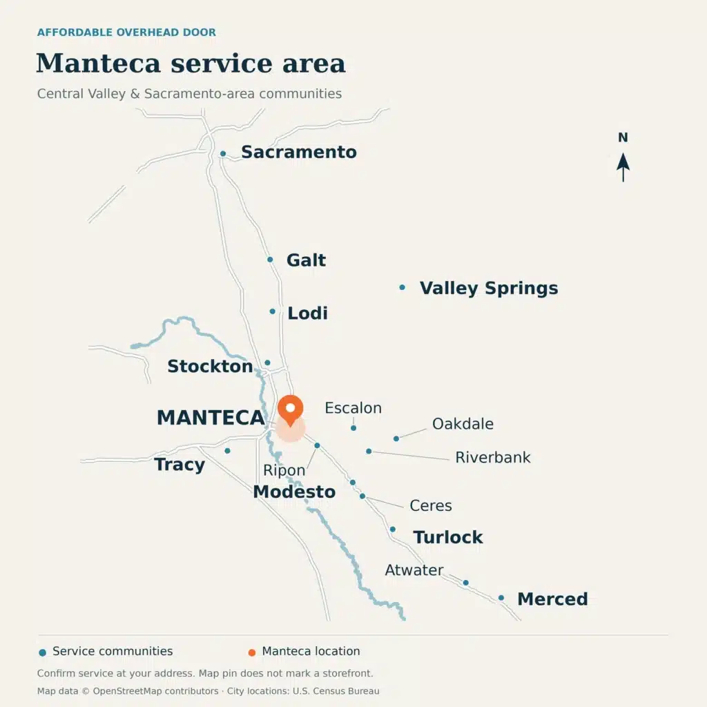 Service-area map showing Manteca highlighted among Affordable Overhead Door service communities from Sacramento to Merced.
