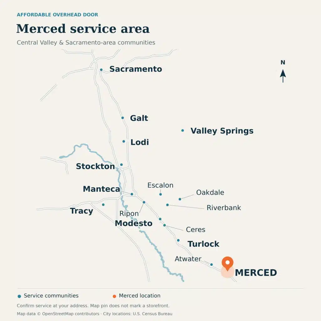 Service-area map showing Merced highlighted among Affordable Overhead Door service communities from Sacramento to Merced.