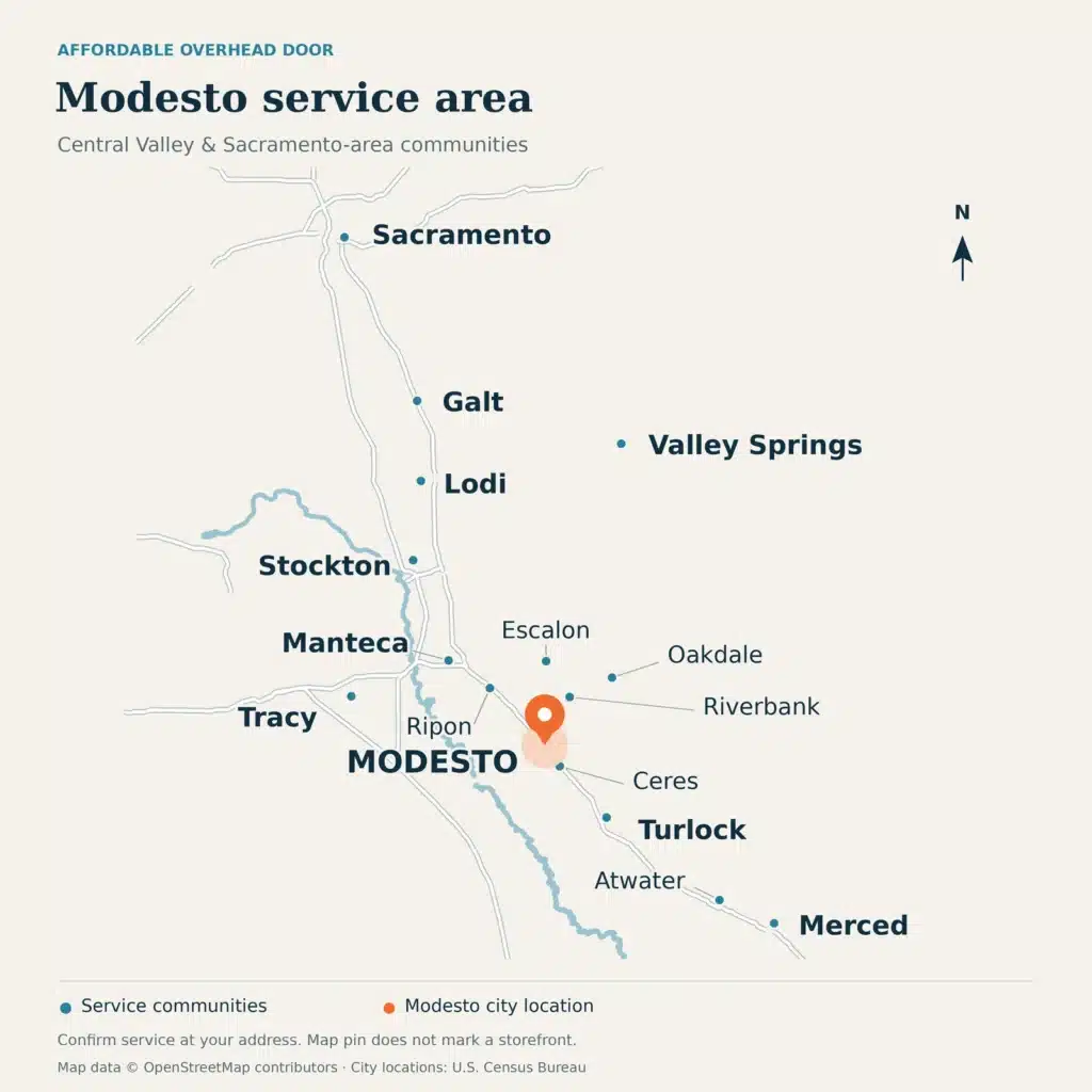 Service-area map showing Modesto highlighted among Affordable Overhead Door service communities from Sacramento to Merced.