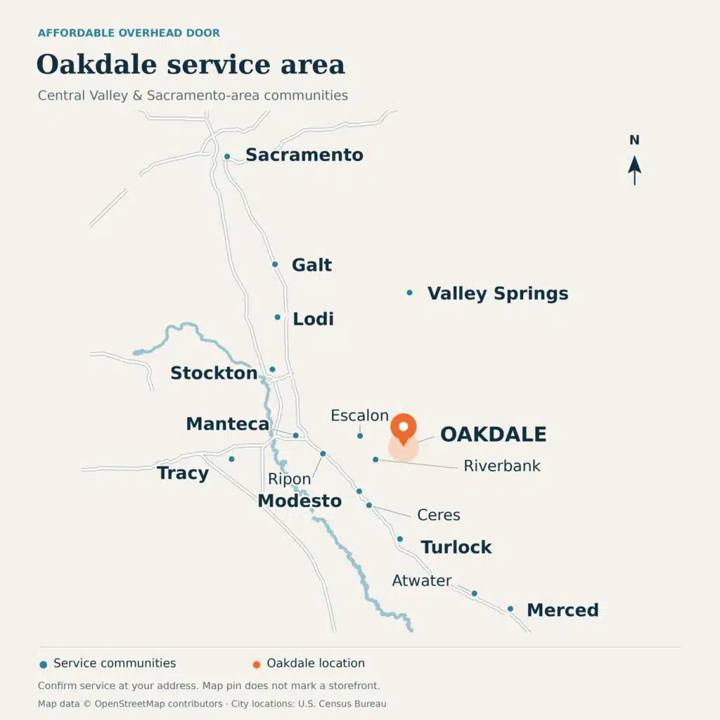 Service-area map showing Oakdale highlighted among Affordable Overhead Door service communities from Sacramento to Merced.