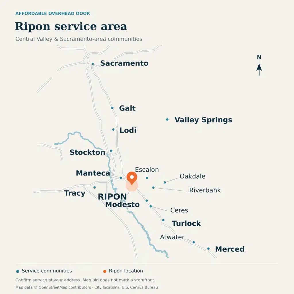 Service-area map showing Ripon highlighted among Affordable Overhead Door service communities from Sacramento to Merced.