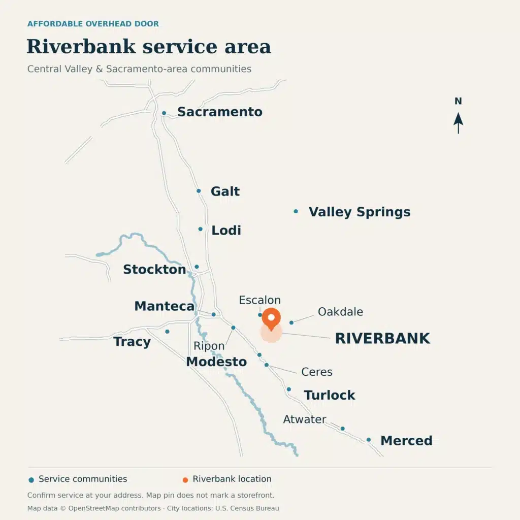 Service-area map showing Riverbank highlighted among Affordable Overhead Door service communities from Sacramento to Merced.