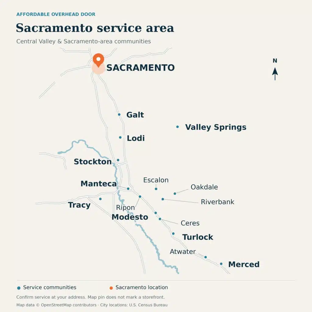 Service-area map showing Sacramento highlighted among Affordable Overhead Door service communities from Sacramento to Merced.