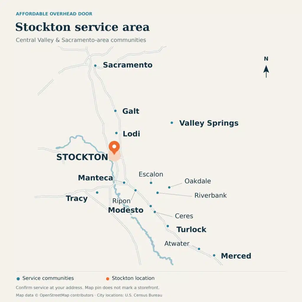 Service-area map showing Stockton highlighted among Affordable Overhead Door service communities from Sacramento to Merced.