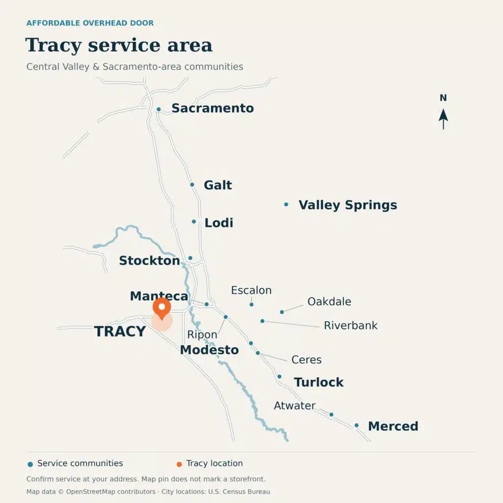 Service-area map showing Tracy highlighted among Affordable Overhead Door service communities from Sacramento to Merced.