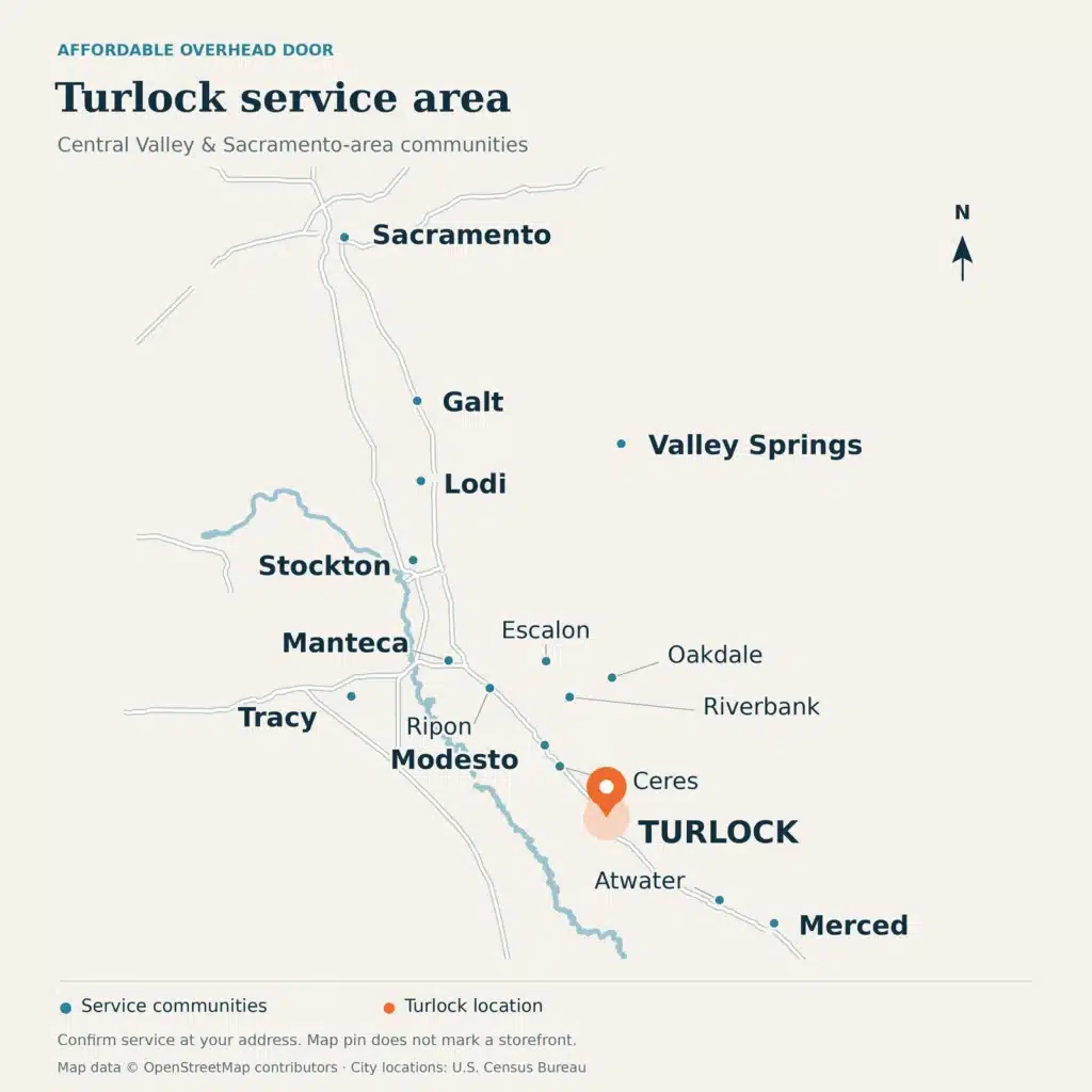 Service-area map showing Turlock highlighted among Affordable Overhead Door service communities from Sacramento to Merced.