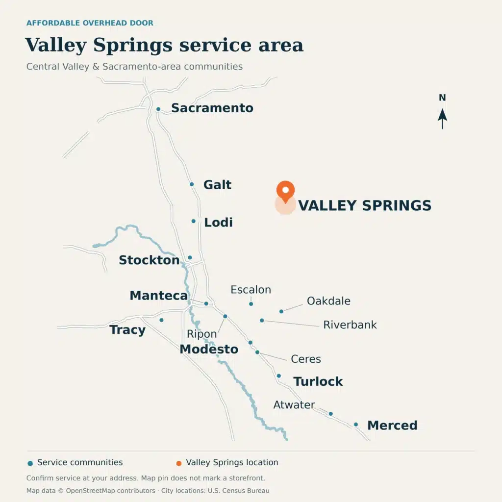 Service-area map showing Valley Springs highlighted among Affordable Overhead Door service communities from Sacramento to Merced.